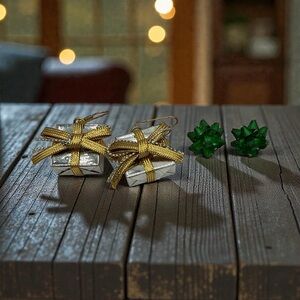 3/$18 Christmas Earrings- Set of Two- Green Bow Studs & Silver Dangling Presents